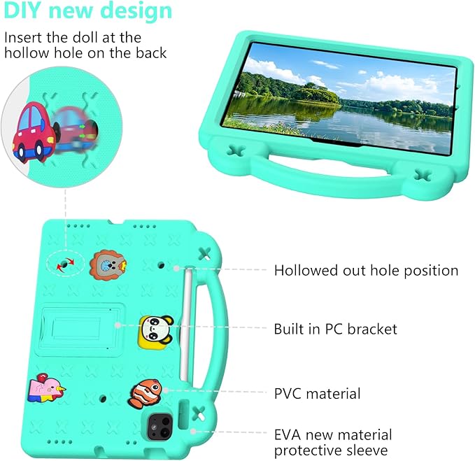 Dteck Case for iPad Air 13",iPad Pro 13" 2024 M4 Kids Case,iPad Pro 12.9 Case 6th/5th/4th/3rd Gen,Cartoon Panda Shockproof Rugged Lightweight Convertible Stand Handles Kids Friendly Case,Mint Green