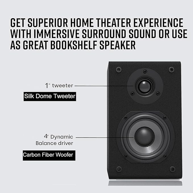 LONPOO Passive Bookshelf Speaker, 75W x 2 Classic Wooden Near Field Monitor with 4-Inch Carbon Fiber Woofer &1-Inch Silk Domed Tweeter 2-Way Speaker,Amplifier Required (Not Inlcuded), Black