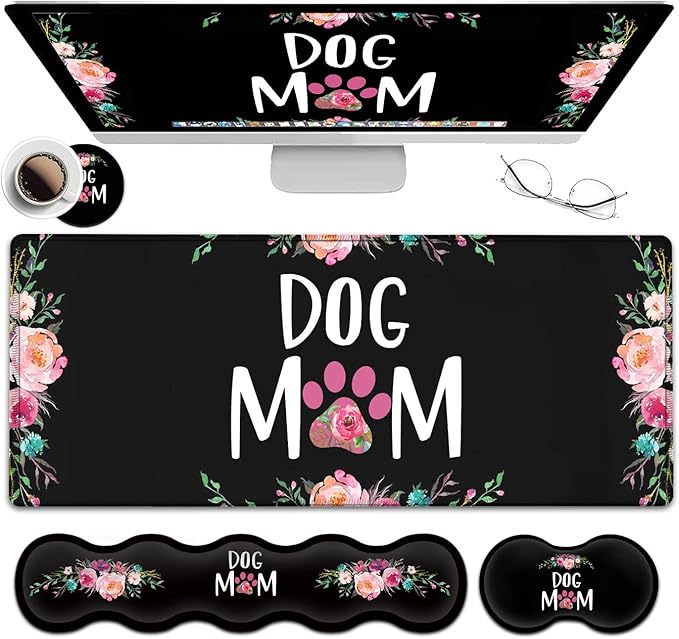 Gaming Mouse Pad, Large XXL Mouse Pad,Large Mouse Pad with Stitched Edge,Non-Slip Desk Pad Ergonomic Keyboard Wrist Rest Anime Mouse Pad Cute Dog Mom Floral Design Black Desk Mat for Computer Laptop