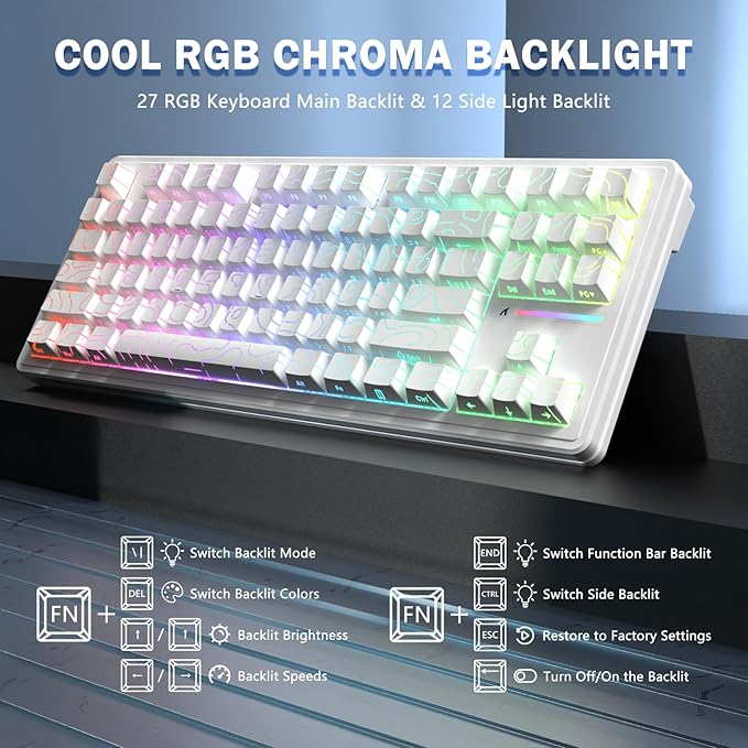 FELICON Attack Shark M87 PRO Wireless Mechanical Gaming Keyboard – 87-Key Tri-Mode (Bluetooth 5.0/2.4Ghz/USB-C), Hot-Swappable Linear Switch, RGB Backlit, 5000mAh Battery – White Contour
