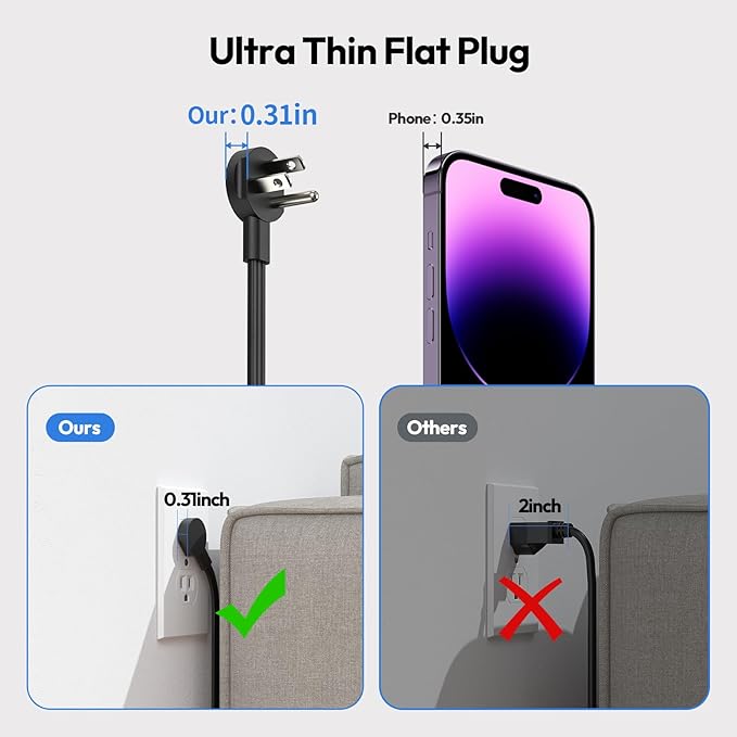 Flat Plug Power Strip with USB Ports, NTONPOWER Nightstand Desktop Charging Station with 5ft Extension Cord, Wall Mount with 3 Outlet 4 USB(1 USB C), Small Size for Travel Home Office Dorm Room, Black