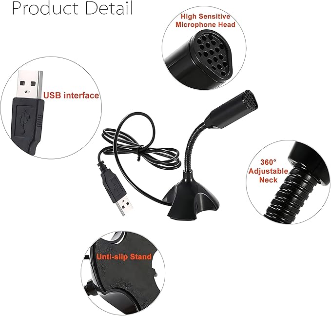 Mini USB Microphone for Desktop Computer and Laptop,Portable USB Condenser Mic With Adjustable Stand,Compatible with PC/Mac,Plug & Play,Ideal for Meeting,Online Class,Games,Remote work(Black)