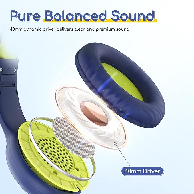EarFun Kids Headphones Wired with Microphone, 85/94dB Volume Limit Headphones for Kids, Portable Wired Headphone with Shareport, Stereo Sound Foldable Headset for School/Tablet/iPad, Blue Lemon