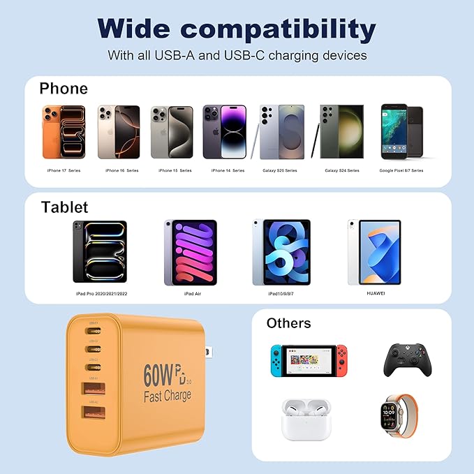 USB C Charger Block, 60W 5 in 1 Charging Blocks, PD 3.0 Fast Charger, QC 2A Yellow Wall Plug Multiport Type C Charging Block for iPhone 17 16 15 14 13 12 Pro Max, iPad, iPod, Samsung, AirPods Pro
