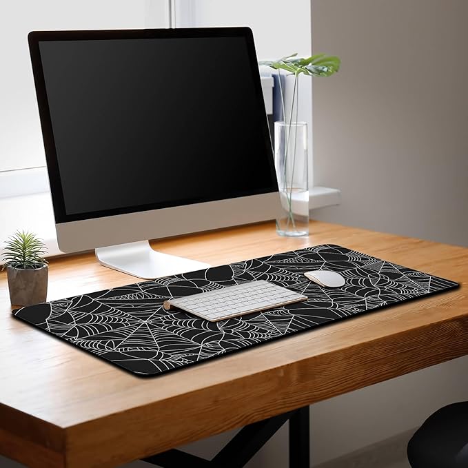 Gaming Mat Black Long Mousepad, Desktop Pad Big Mouse Pads Desk Mouse Pad, Computer Pad Non-Slip Rubber Base Waterproof with Stitched Edges, 35.4" X 15.7" Spider Web