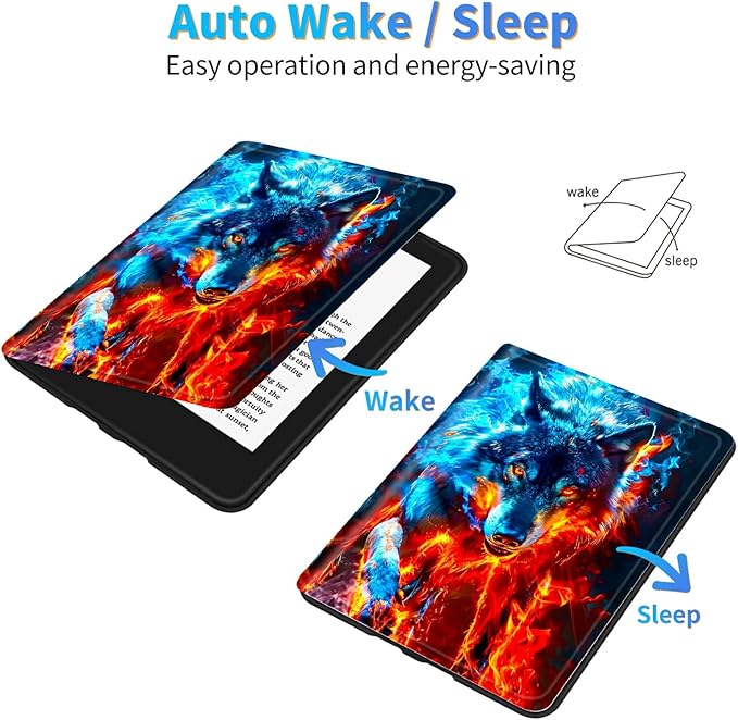 for All-New 6" Kindle 11th Generation 2024/2022 Release E-Reader Case, Slim Kickstand Stand Leather Smart Cover with Auto Wake/Sleep, Red Blue Flaming Wolf