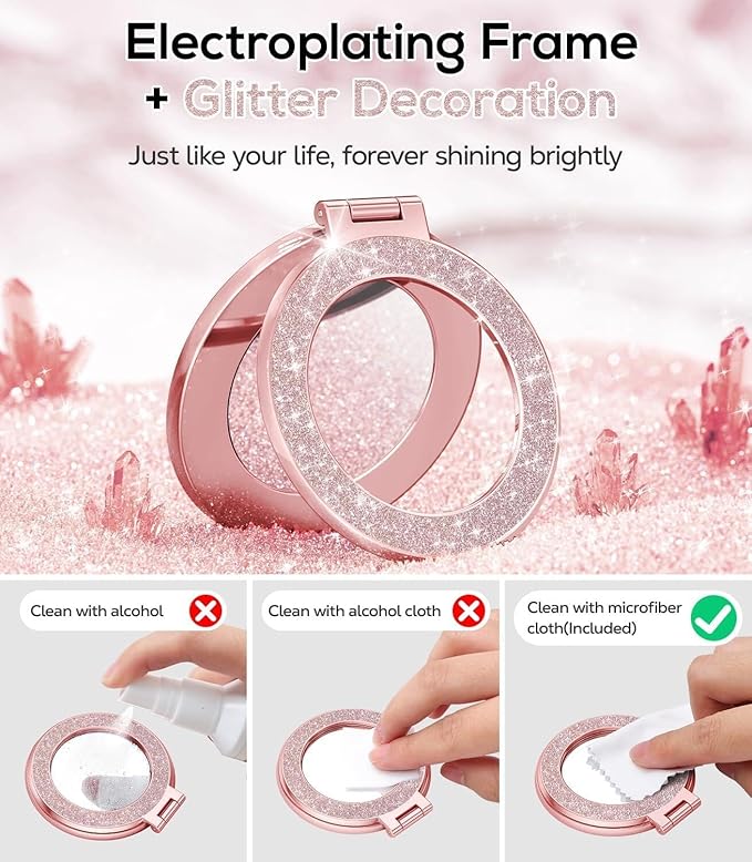 Meifgino Magnetic Case with Removable Phone Ring Stand for Samsung Galaxy S25 Plus, [Glitter Card & Wrist Strap] [MagSafe Compatible] [Built in Mirror] Phone Ring Stand + Phone Case Kit, Rose Gold