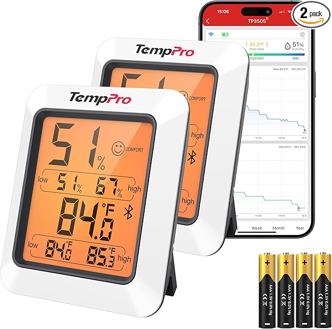 TempPro Hygrometer Thermometer for House, Bluetooth Room Indoor Greenhouse Thermometer Monitor Up to 260FT, Backlit Humidity Meter Temperature Sensor with 2-Year Data Export,2 PS(Previously ThermoPro)