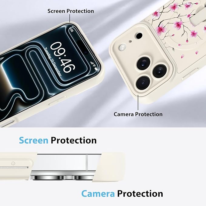 KANGHAR Compatible with iPhone 17 Pro Max Case, Magnetic Compatible with MagSafe, Cute Flower Floral Pattern Wristband Kickstand Full Camera Lens Shockproof Protective Case for Girls Women, White