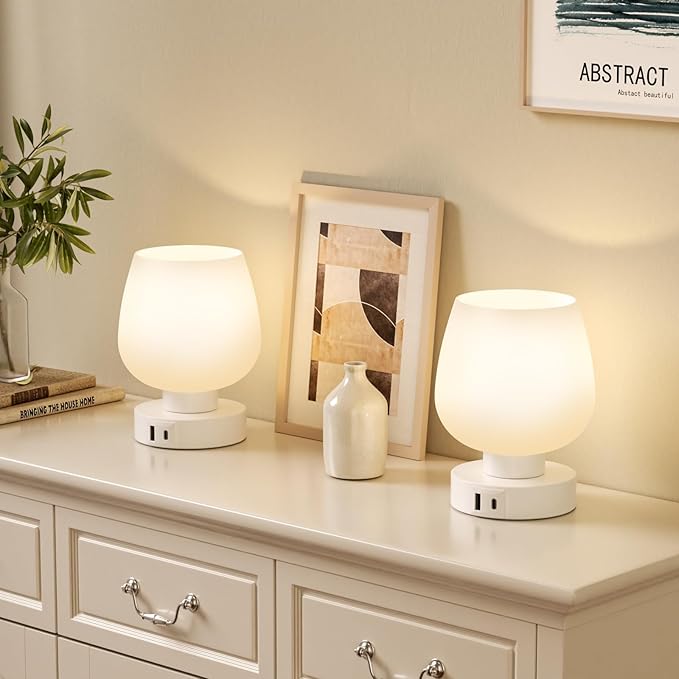 Seealle Touch Table Lamp for Nightstand Set of 2 - Bedside Lamp with USB C+A Charging Ports for Bedroom Living Room Night Stands, Desk Lamp with White Glass Shade for Small Spaces, 3 Way Dimmable
