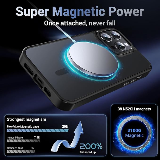 Newfuture Designed for iPhone 14 Pro Case with Magnetic [13 FT Military Drop Protection] [Compatible with Magsafe] Slim Translucent Matte Shockproof with Anti-Fingerprint Phone Case, Black