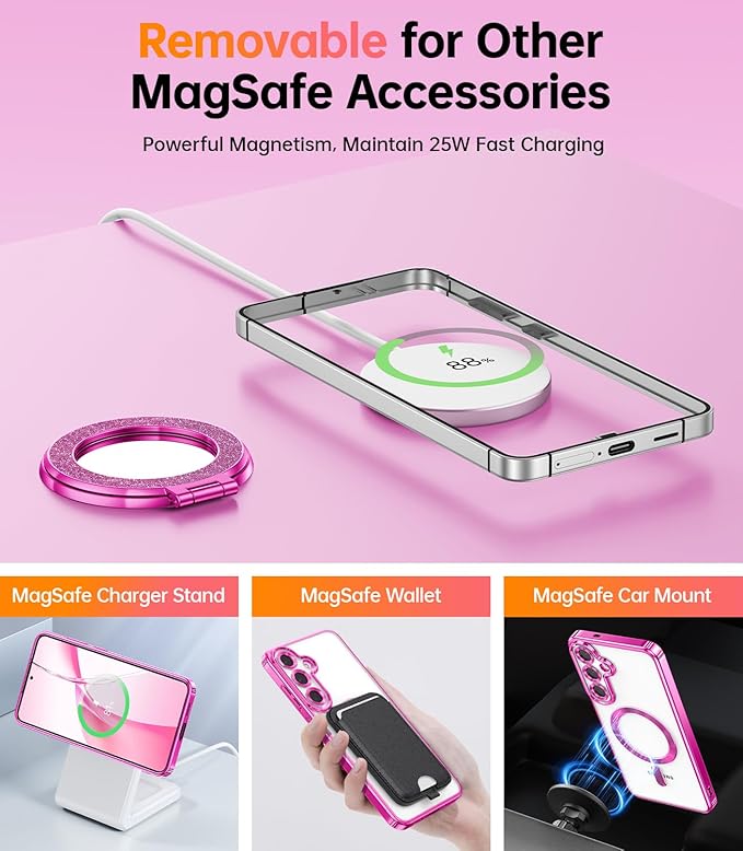 Meifgino Magnetic Case with Removable Phone Ring Stand for Samsung Galaxy S25 Plus, [Glitter Card & Wrist Strap] [MagSafe Compatible] [Built in Mirror] Phone Ring Stand + Phone Case Kit, Hot Pink
