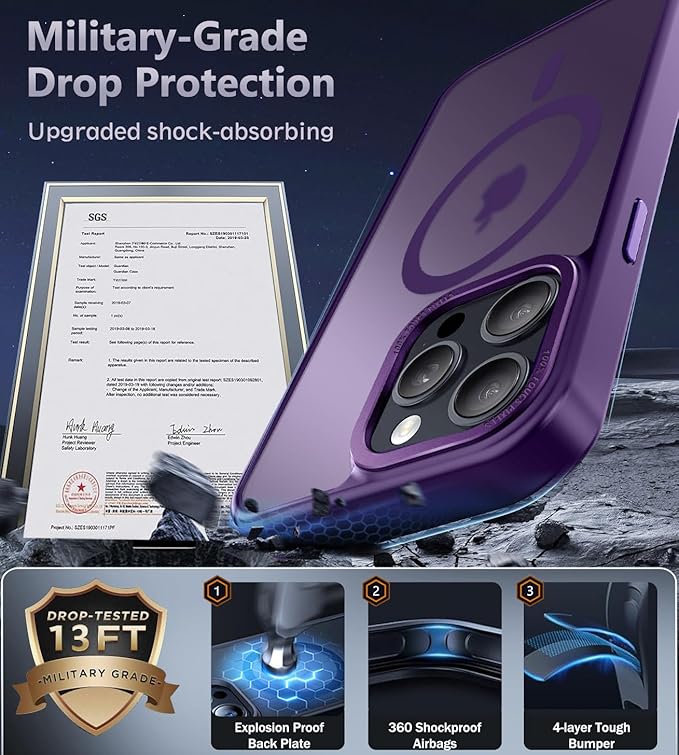 Newfuture Magnetic for iPhone 15 Pro Case [Compatible with Magsafe] [Military Grade Drop Protection] Translucent Matte Anti-Fingerprint Shockproof Phone Case for iPhone 15 Pro 6.1 inch, Deep Purple
