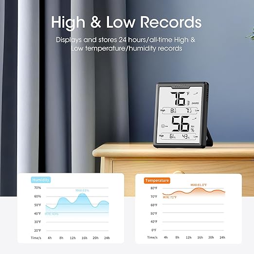 DOQAUS Digital Hygrometer Room Thermometer Indoor, Humidity Meter with Large LCD Display, Temperature Humidity Monitor with Max Min Records, Black