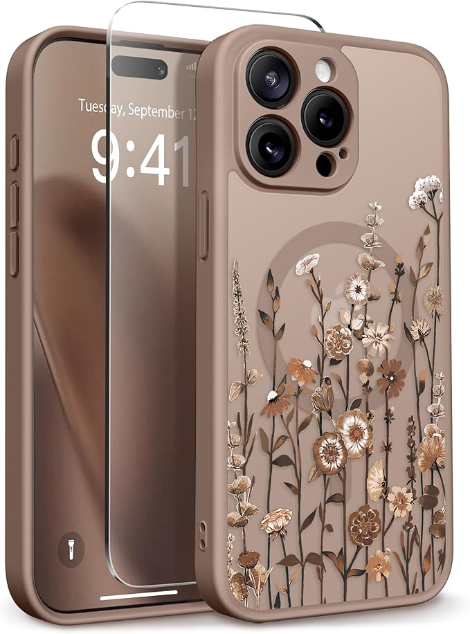 GVIEWIN for iPhone 15 Pro Case Compatible with MagSafe, [Military Grade Protection] [Screen Protector] Full Camera Protection Floral Translucent Women Magnetic Phone Case, Floratopia/Brown