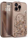 GVIEWIN for iPhone 15 Pro Case Compatible with MagSafe, [Military Grade Protection] [Screen Protector] Full Camera Protection Floral Translucent Women Magnetic Phone Case, Floratopia/Brown