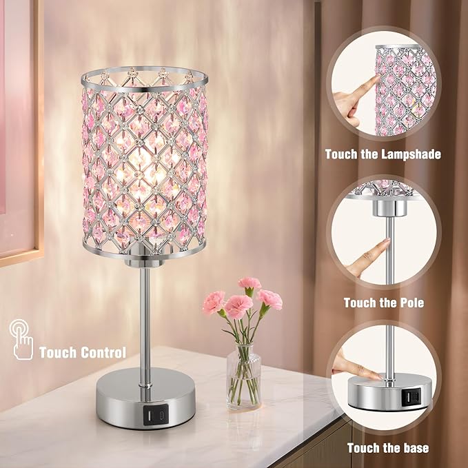GyroVu Pink Crystal Table Lamp, Touch Control Bedside Lamps with USB-C+A Charging Ports, Dimmable Nightstand Small Desk Lamp Set of 2 for Girl Bedroom, Living Room, Office(Buld Included)
