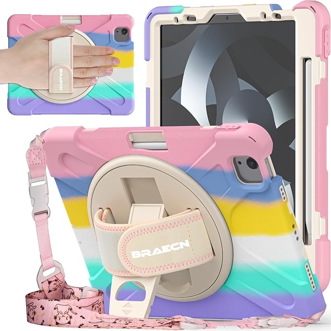 BRAECNstock Kids Case for iPad Air 11 inch (M4/M3/M2)/ Air 5th/4th Gen 10.9"/ Pro 11 inch 4th/3rd/2nd/1st Gen, Shockproof with Screen Protector, Pencil Holder, Rotating Hand Strap+Stand, Colorful Pink