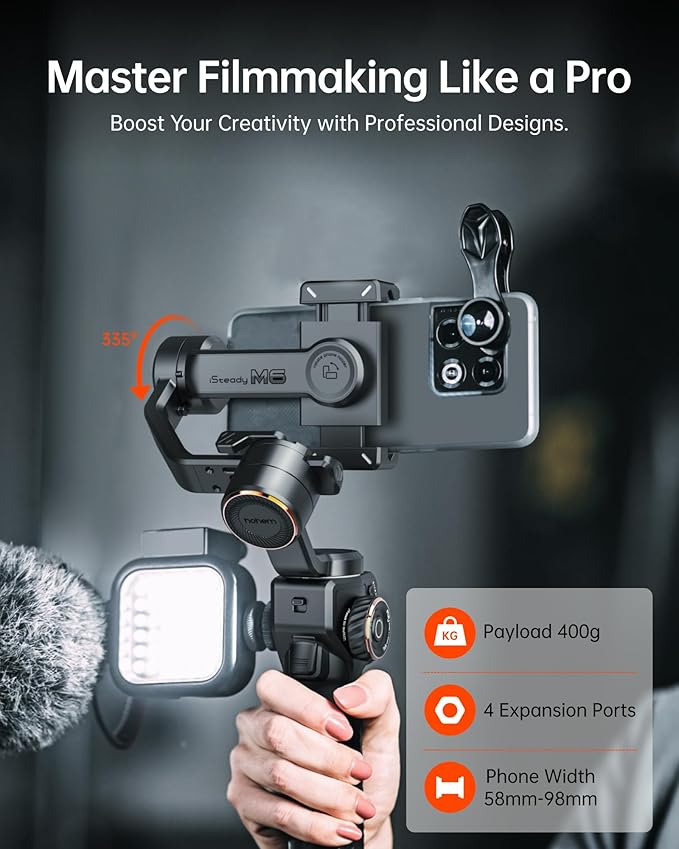 Hohem iSteady M6 Smartphone Gimbal Stabilizer, 3-Axis Phone Gimbal for iPhone & Android, 360°Infinite Rotation, 0.91″ OLED Display, Phone Stabilizer for Video Recording, YouTube TikTok