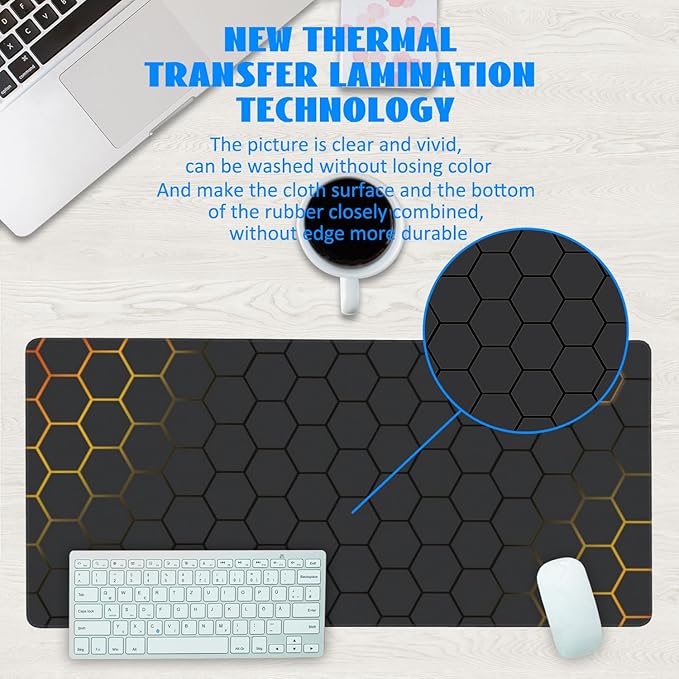 Desk Mat, Black Gold Honeycomb Technology Extended Gaming Mouse Pad Large, 35.4"x15.7" Big Mouse Pad with Non-Slip Base and Stitched Edge, Long Computer Keyboard Mouse Mat for Home Office Work