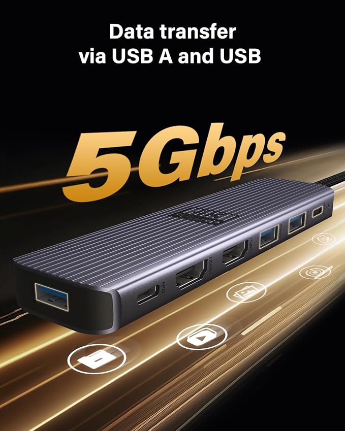 USB C to Dual HDMI Adapter, Newmight 7-in-1 USB-C Docking Station Dual Monitor Multiport Dongle with 2 HDMI 4K 60HZ, 3 USB 3.0, USBC 3.0 Data Port, 100W PD for MacBook Pro, iPhone 15/Pro Max, HP, Dell