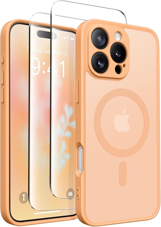 CAPRARO Magnetic Compatible with iPhone 16 Pro Max Case, Upgraded [Full Camera Protection] [Compatible with MagSafe] Protective Translucent Matte Women Phone Case Cover, Light Orange