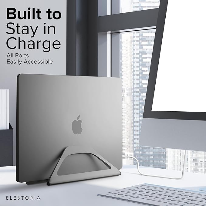 Elestoria Aluminum Vertical Laptop Stand with Gravity Auto-Lock – Adjustable Laptop Holder Vertical fits MacBook Pro/Air, Chromebook & Gaming Laptops up to 17.3" – Space-Saving Desktop Dock - Grey