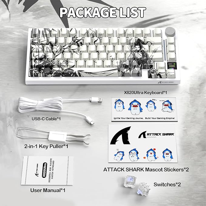 ATTACK SHARK X820 Ultra 75% Wireless Gaming Mechanical Keyboard Hot-Swappable Gasket Mount RGB Backlit BT/2.4G/Wired Custom Keyboard with Smart TFT Display&Knob QMK Driver-Ink Bamboo&Gift Switch