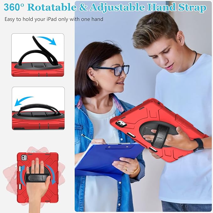 Case for iPad Air 13 Inch M4/M3/M2 (2026/2025/2024): Silicone Shockproof Case with Screen Protector - Stand - Handle - Shoulder Strap - Pen Holder- Red