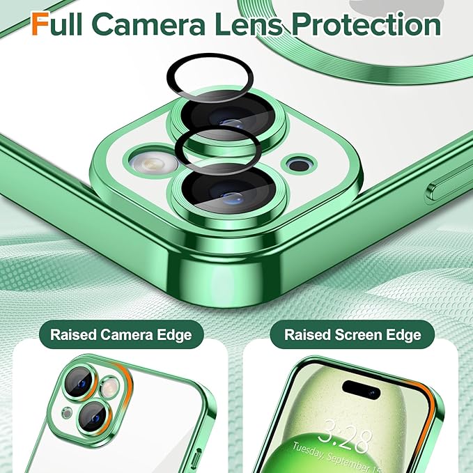 Hython Magnetic Clear for iPhone 15 Plus Case with Camera Lens Protector [Compatible with MagSafe] Luxury Plating Edge Slim Soft TPU Cover Protective Phone Case for iPhone 15 Plus 6.7", Light Green