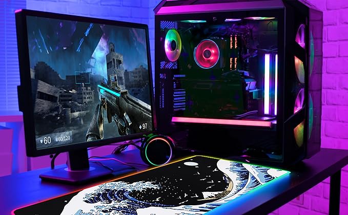 Gaming Laptop Mouse Pad,Sea Wave Big Mice Pads PC Keyboard Waterproof and Non-Slip 31.5 x 11.9 0.12" Thick XL,XXL Rubber Table Mat, RGB Led with 10 Lighting Modes+9 Color Changing Modes Mat
