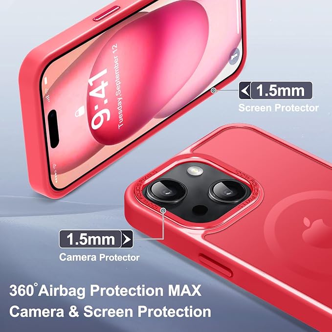 Newfuture Magnetic for iPhone 15 Case [Compatible with Magsafe] [Military Grade Drop Protection] Translucent Matte Anti-Fingerprint Shockproof Phone Case for iPhone 15 6.1 inch, Red