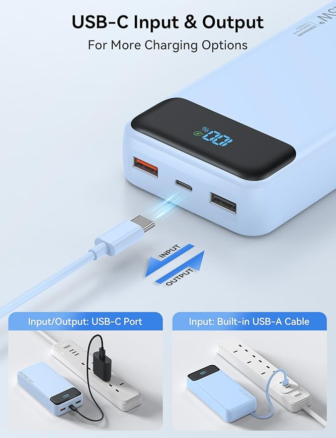 Portable Charger, 20000mAh 22.5W Fast Charging Power Bank with 4 Built-in Cables, Travel Essentials External Battery Pack with LED Display, 6 Outputs Charging Bank for iPhone, iPad, Samsung etc Blue