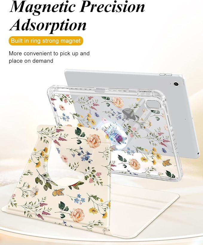 Shorogyt for iPad A16 11th Generation 11 inch 2025 /for i Pad 10th Generation case Magnetic Stand for Women - Cute Design 360 Degree Rotating Covers Girls Kids with Pencil Holder,Retro Flower