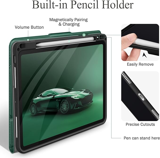 auaua Case for iPad Pro 11 Inch (M5/M4) 2025/2024, with Pencil Holder and Pocket, Multiple Angles Viewing, Magnetic Closure, Auto Sleep/Wake (Green)