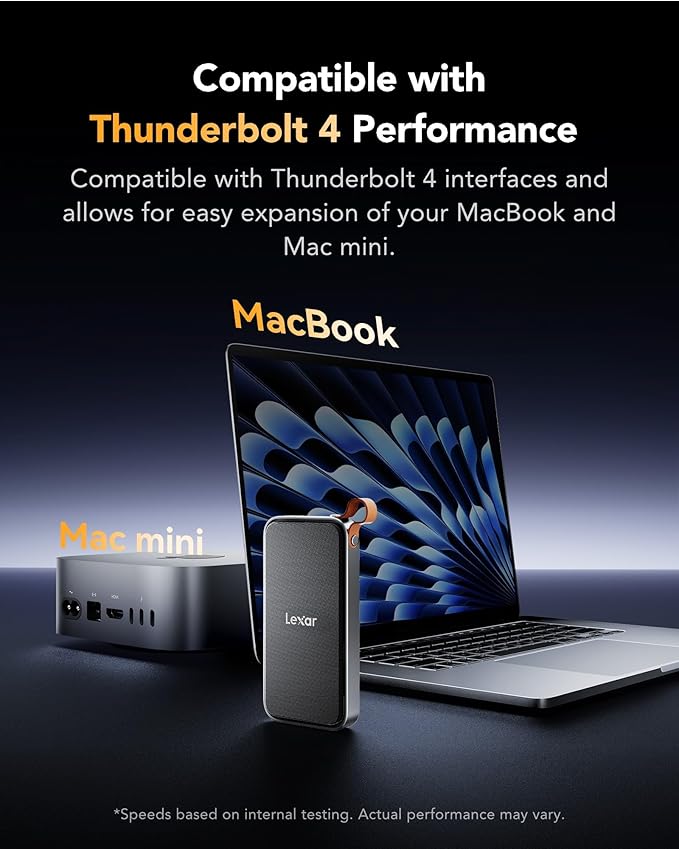 Lexar E750 40Gbps M.2 NVMe SSD Enclosure, Tool Free Installation Compatible with Thunderbolt 4/3/USB4/3.2/3.1/3.0/2.0, Expand MacBook and Mac mini, Up to 8TB Support M Key 2230/2242/2260/2280 SSD Size