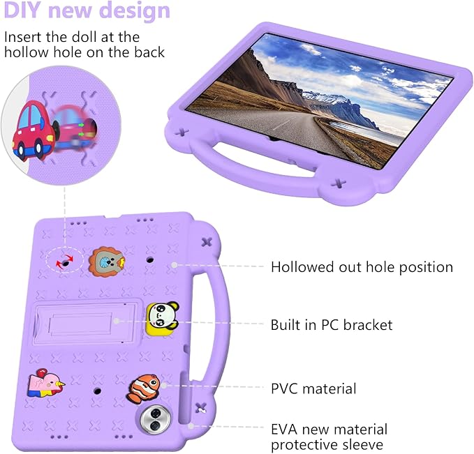 AKABEILA Compatible with Honor Pad 10 2025 12.1 inch Tablet Case, Kids Friendly Universal Lightweight Shockproof Protective Case with Shoulder Strap & Stand Handle Light Purple