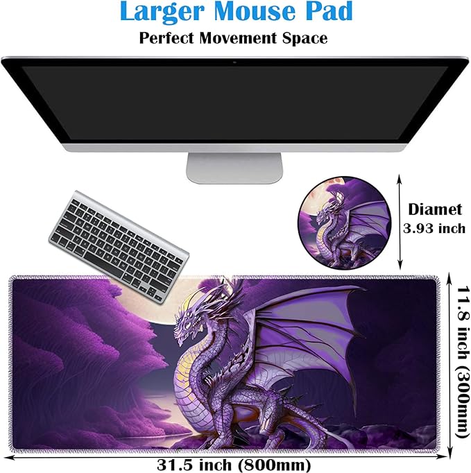 Large Gaming Mouse Pad Plus a Coasters + Cable Clips, Purple Dragon Extended Mousepad (31.5 x 11.8) with Stitched Edge, Foldable Computer Keyboard Desktop Mouse Mat for Home Office