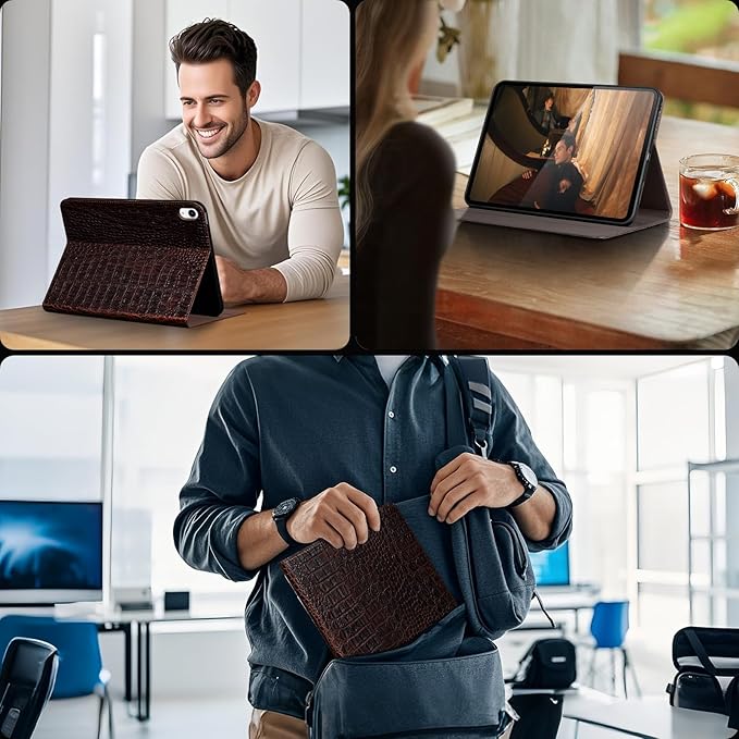 Gexmil Genuine Leather Case for iPad Pro 11 Inch (M5/M4) 2025/2024 with Pencil Holder,Protective Shockproof Leather Smart Folio Cover Adjustable Stand Auto Sleep/Wake Anti-Slip,Brown Crocodile