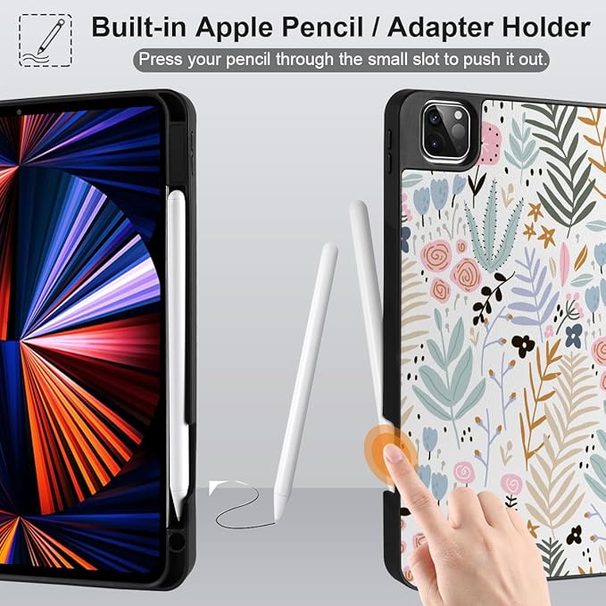 DONGKE Case for 2022/2021/2020/2018 iPad Pro 11 inch Gen 4/3/2/1 - Slim Protective Case - Built in Pencil Holder Support Charging - Trifold Stand & Sleep/Wake Cover - Tiny Flowers