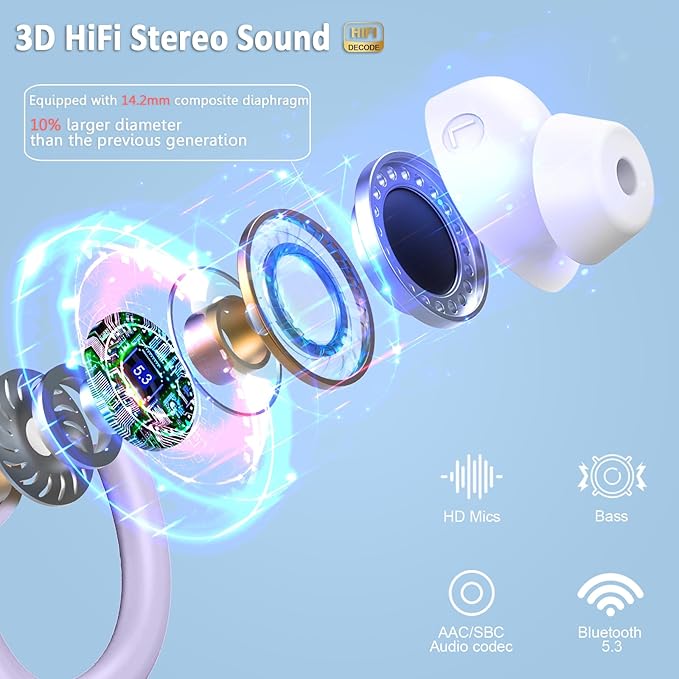 Wireless Earbuds Bluetooth Headphone Sport, Bluetooth 5.3 Earbud 3D HiFi Stereo Over Ear Buds, 48Hrs Earhooks Earphone with Noise Cancelling Mic, IP7 Waterproof Headset for Workout/Running/Gym, Purple