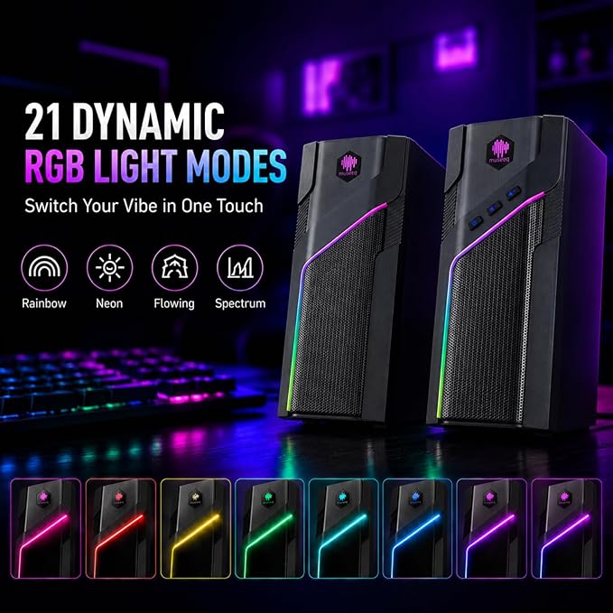 RGB Gaming Speakers for PC, W-206RE Desktop Computer Speakers with 21 LED Light Modes, Touch-Control Lighting, USB Powered Stereo Sound for Laptop & PS5