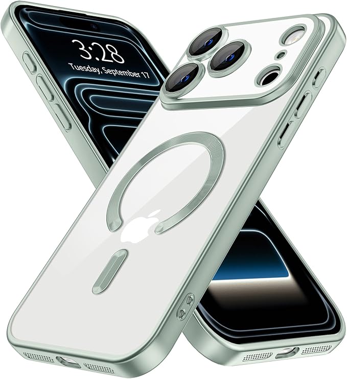Hython Magnetic Clear for iPhone 17 Pro Max Case with Camera Lens Protector [Compatible with MagSafe] Plating Edge Slim Soft TPU Cover Protective Phone Case for iPhone 17 Pro Max 6.9", Matte Mint