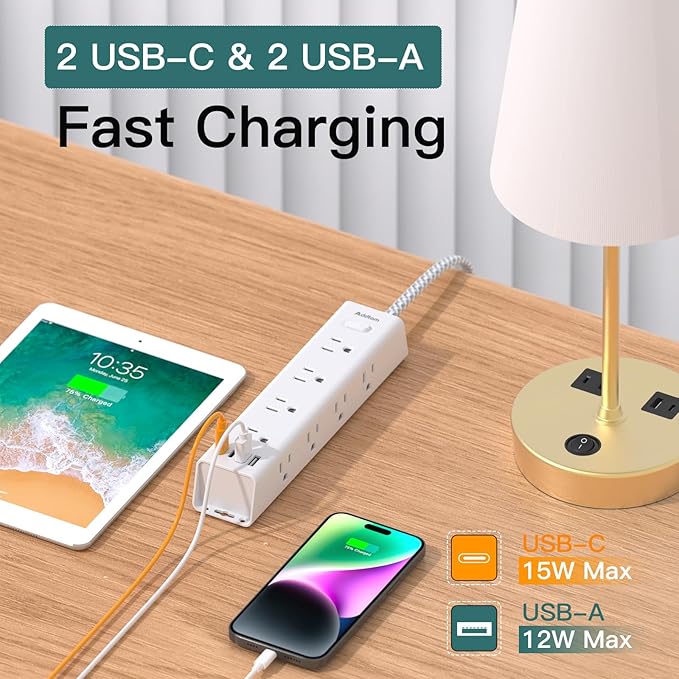 Surge Protector Power Strip - 15 FT Extension Cord, Power Strip with 12 Widely AC Outlet 4 USB, Flat Plug Wall Mount Overload Protection, 1050J, Desk Charging Station for Home Office, ETL Listed,White