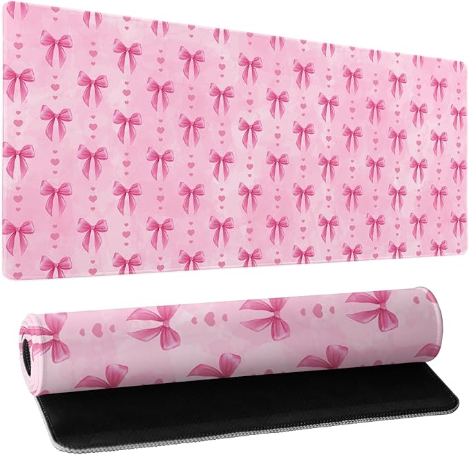 Pink Bows Mouse Pad Extended Large 31.5x11.8 in Coquette Kawaii Desk Mat Preppy Trendy Computer Large Mousepad Non-Slip Rubber Base Stitched Edge Gaming Mousepad PC Computer Desk Pad for Work Desktop
