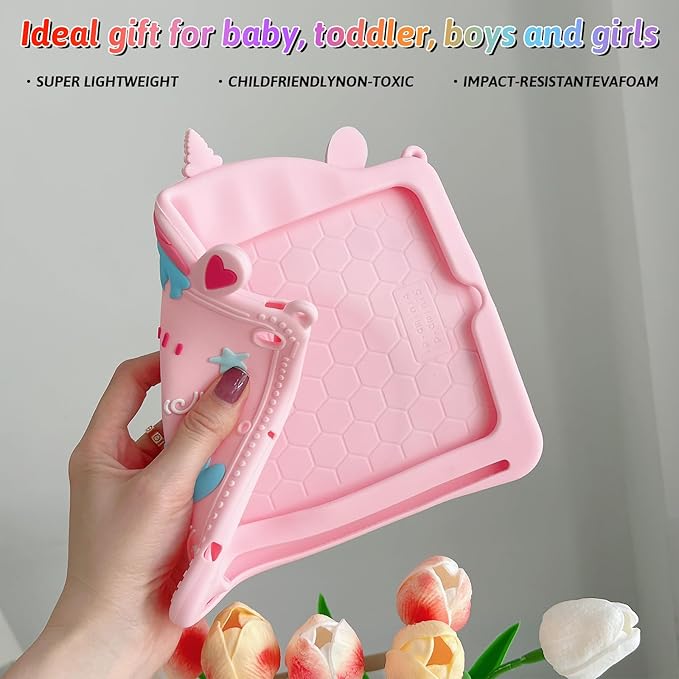 Dteck for iPad 9th/8th/7th Generation Case 10.2",Cute Cartoon Funda 3D Unique Design Light Rotating Handle Stand Shoulder Strap Soft Silicone Drop Rugged Shockproof Protective Kid-Proof Case,Unicorn