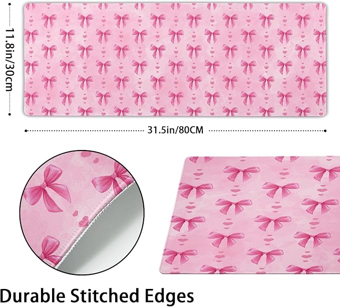Pink Bows Mouse Pad Extended Large 31.5x11.8 in Coquette Kawaii Desk Mat Preppy Trendy Computer Large Mousepad Non-Slip Rubber Base Stitched Edge Gaming Mousepad PC Computer Desk Pad for Work Desktop