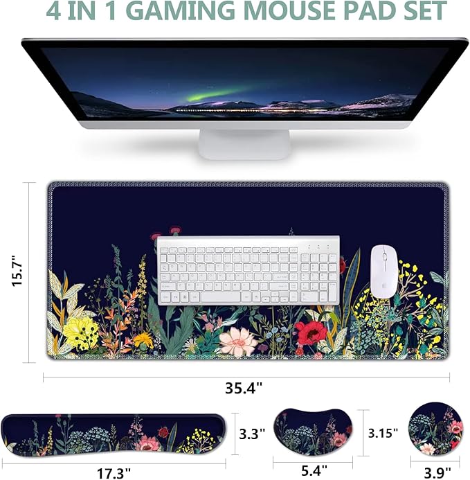 DINKY Keyboard Mouse Pad Set, Large Gaming Mousepad + Memory Foam Ergonomic Keyboard Wrist Rest Support, Easy Typing Pain Relief, 4Pcs (35.4" x 15.7") Extended Desk Mat-Flower Weed