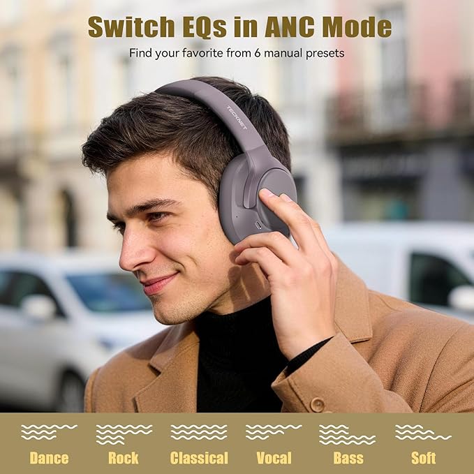 TECKNET Hybrid Active Noise Cancelling Headphones, Bluetooth 6.0 Wireless Headphones, 70H Playtime and 6 EQ Music Modes with 3.5mm Cord, Over Ear Headphones for Travel Work Cellphone - Purple Gray