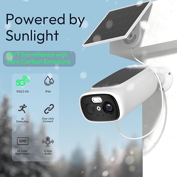 2pc 2.4G/5G WiFi Cameras for Home Security with Double Solar Panels, 2K Solar Security Cameras Wireless Outdoor, Color Night Vision , 2-Way Talk, Spotlight, Siren,IP66, Cloud/SD, AI Detection, W/Alexa
